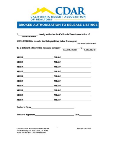 2019 CDAR Broker Authorization Release Listings To Same Agent Within